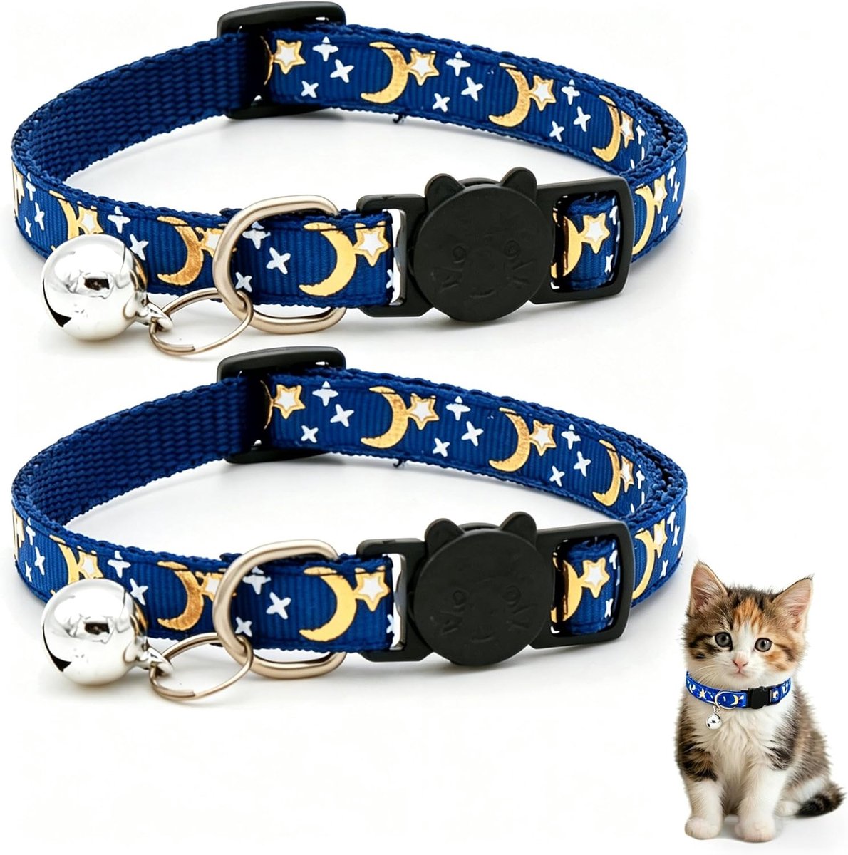 SnelShoppen - Reflecterende Verstelbare Kattenhalsband met Bel, Kattenhalsband met Maan Sterren Print en Veiligheidsgesp, Schattige Kattenhalsband voo