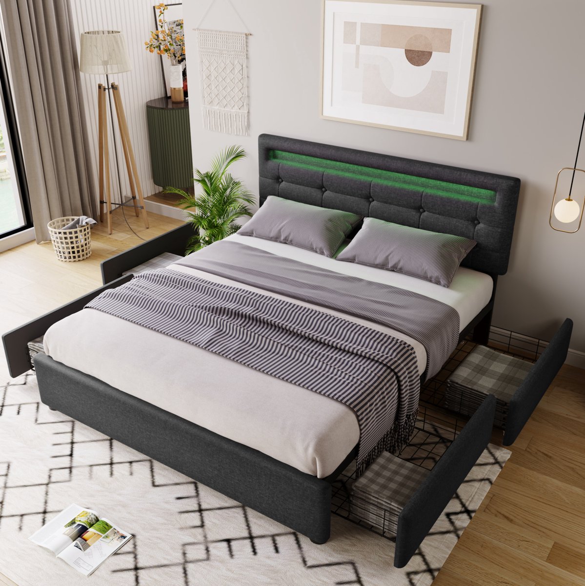 WUVRIE Gestoffeerd tweepersoonsbed 140x200 cm met LED-verlichting, 4 lades en verstelbaar hoofdeinde, grijs