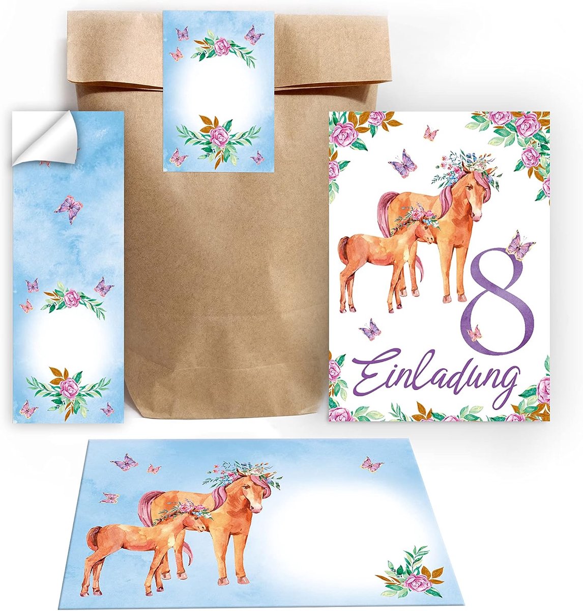Uitnodigingskaarten 8e kinderverjaardag - Paarden thema - Inclusief enveloppen en stickers - Perfect voor meisjesfeest - ShopVlot