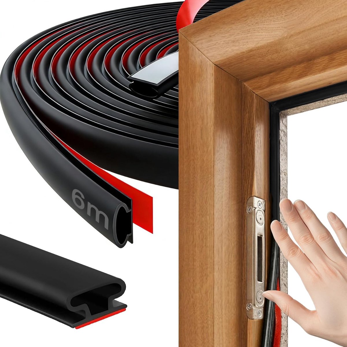SnelShoppen - 6 m x 10 mm Rubber Sealing Tape - Zelfklevende Deurrubber - Waterdichte Deurafdichting - Zwart - 6 mm Dikte voor Openingen 2.5-6 mm
