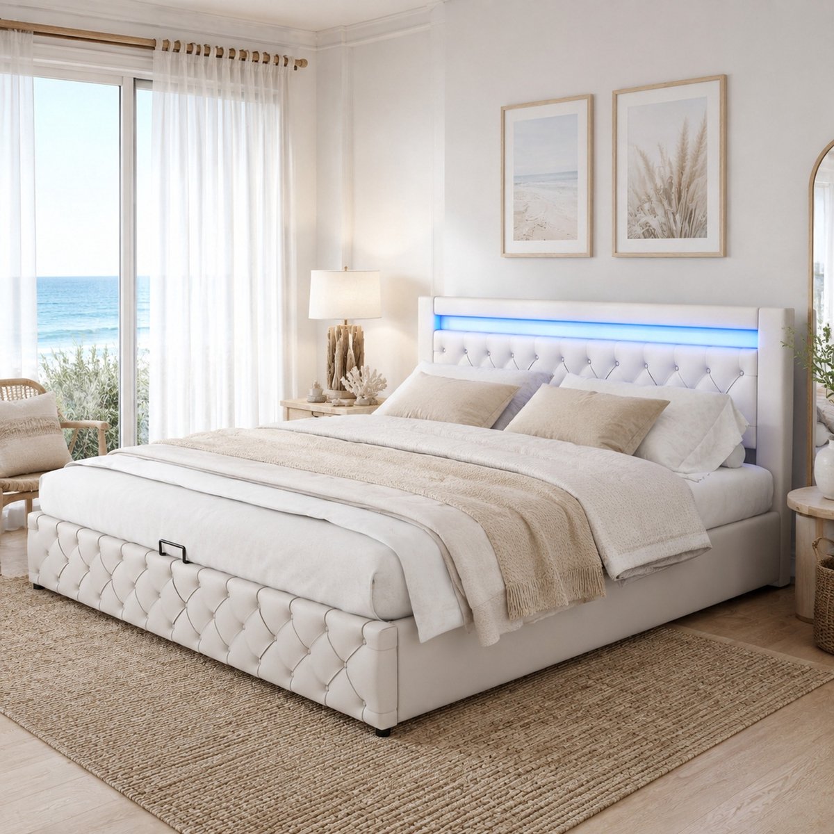 WUVRIE Gestoffeerd bed 180x200 cm met lattenbodem, opbergruimte en LED-verlichting, wit