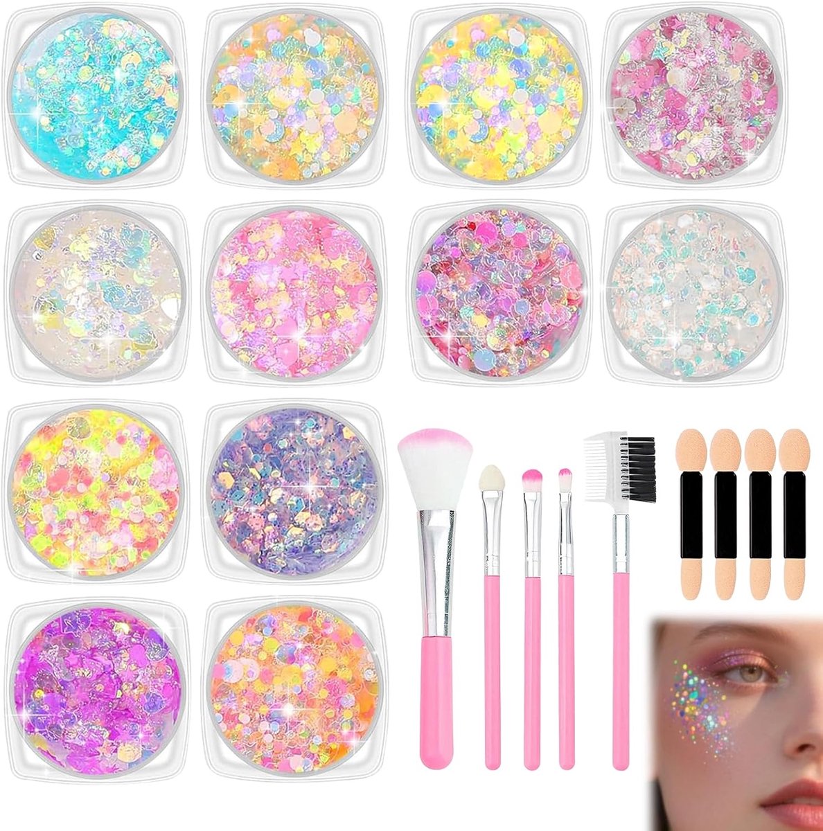 SnelShoppen - 12 stuks Glittergel voor Gezicht en Lichaam - Stralende Festival Make-up - Met 4 Wattenstaafjes en 5 Make-upkwasten - Perfect voor Feest