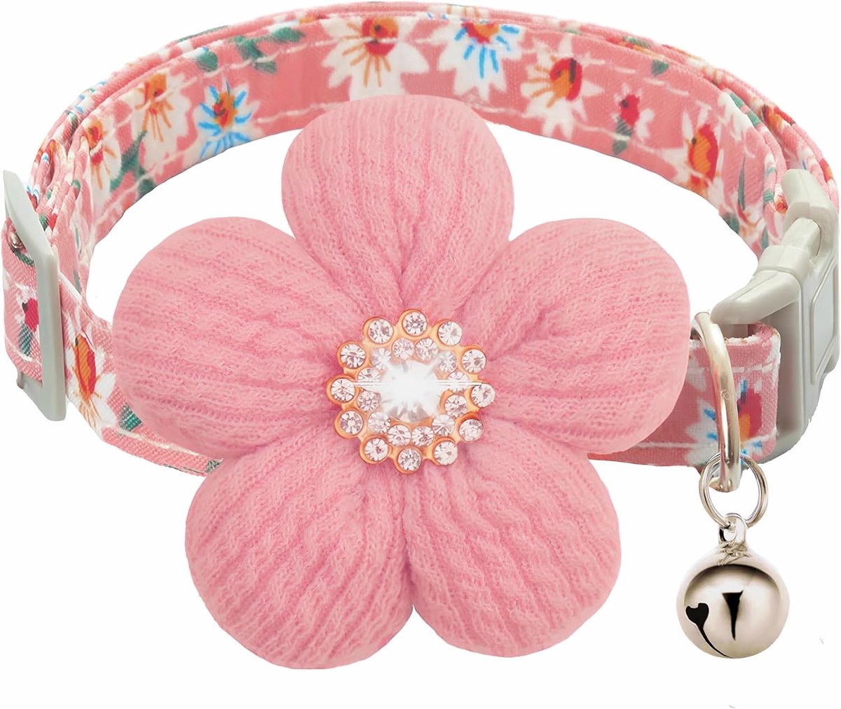 SnelShoppen - Flower Small Dog Collar - Schattige Verstelbare Hondenhalsband met Diamanten Bloemenbel voor Kleine Honden en Katten (Roze)