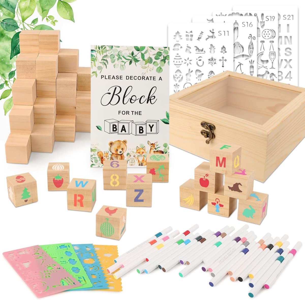 SnelShoppen - 86-delige Baby Shower Spelset met 8 Schilder Stencils & 24 Acrylstiften - Creatieve DIY Baby Shower Spellen voor Gender Reveal & Baby Sh