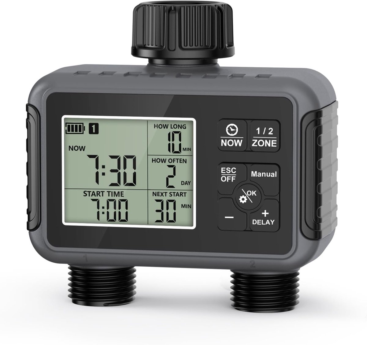 SnelShoppen - Irrigatiecomputer Tuinirrigatietimer met 2 Uitgangen, Regenvertraging, Auto- en Handmatige Modus, IPX5 Waterdicht, Groot LCD-Display voo