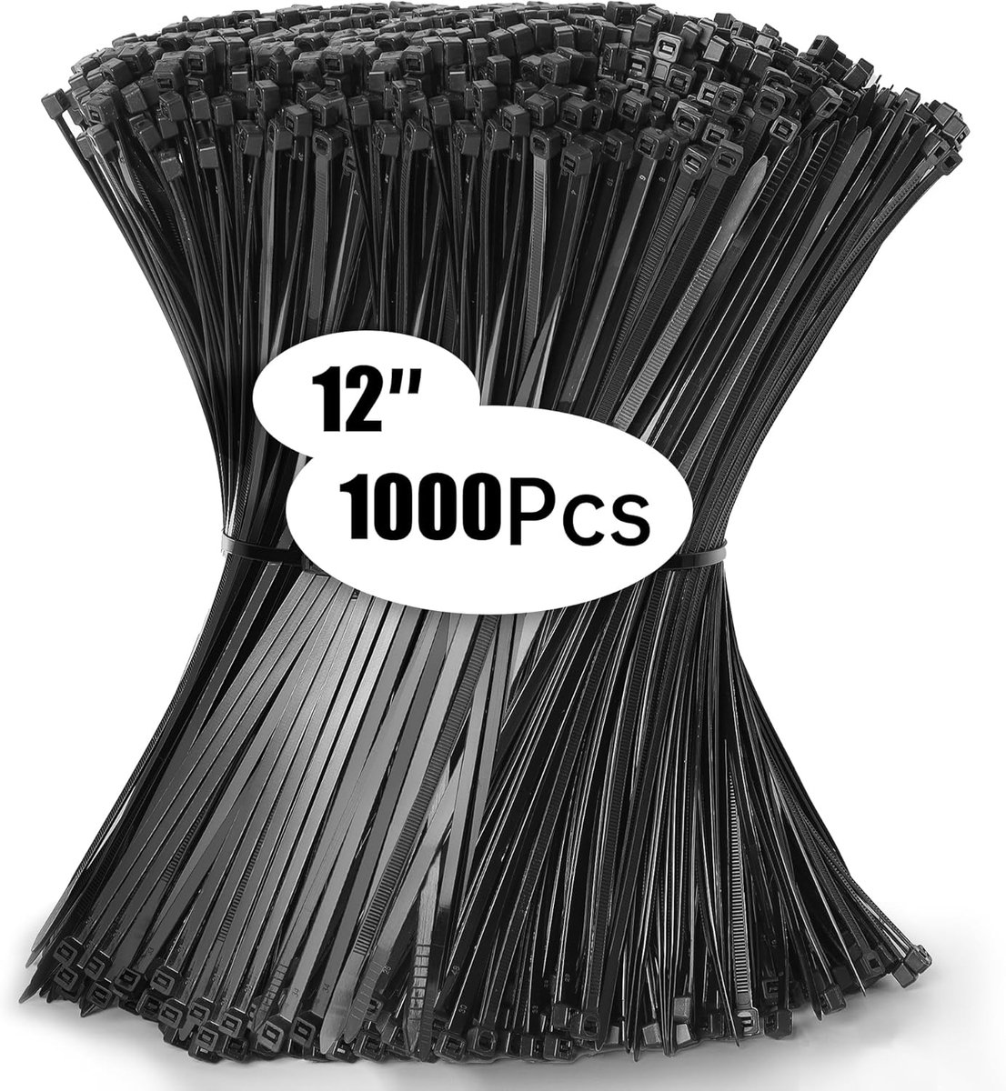 SnelShoppen - 1000 Stuks Kabelbinders 300 x 4,8 mm, Zwart, UV-Bestendig, Treksterkte 23 kg, Voor Kabelbeheer, Tuinieren, Wonen, Werkplaatsen, Kantoor,