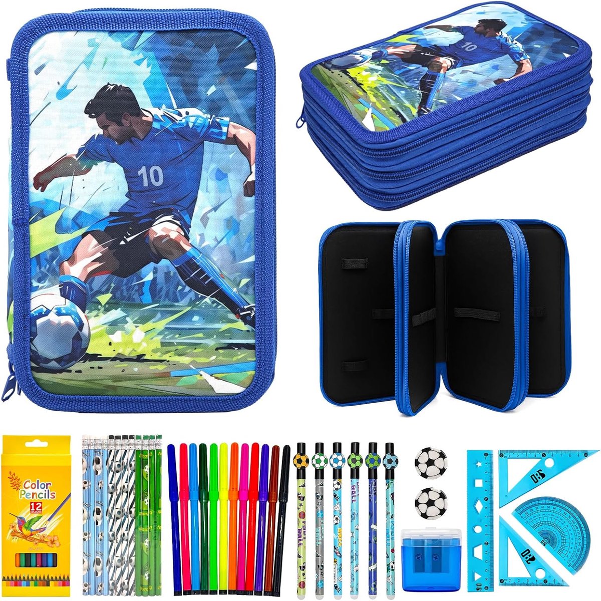 SnelShoppen - Ronronner 46-delig Pennenetui voor Jongens - Voetbalmotief - 3-voudig met 24 Kleurpotloden + Aquarelstiften - Groot Pennenzak voor Schoo
