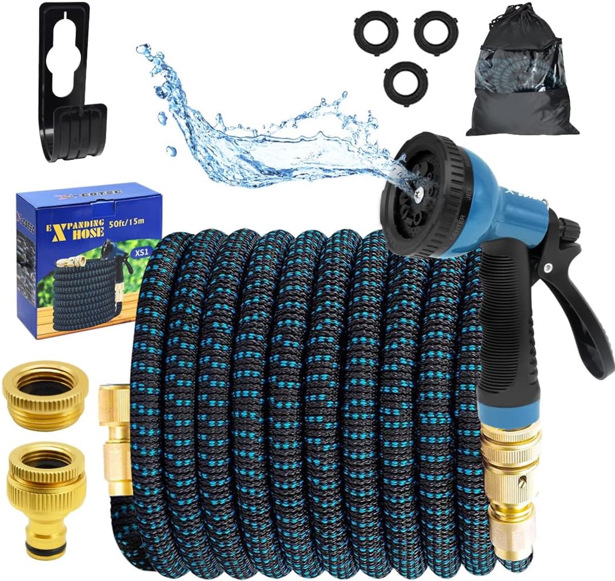 SnelShoppen - Flexibele Tuinslang 15 m - Water Hose met 10 Functies - Uittrekbare Tuinslang met Koper Aansluitingen 3/4 Inch en 1/2 Inch - Perfect voo