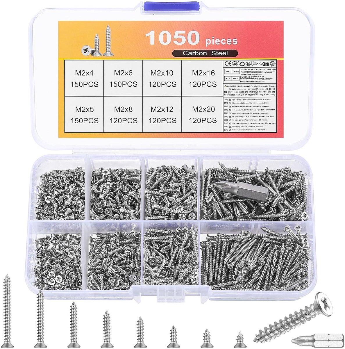 SnelShoppen - 1050 Pcs M2 Schroeven Set, Zelftappende en Platte Kop Schroeven voor Hout, Stalen Schroeven, Snelle Montage, Voor Klussen en DIY-project