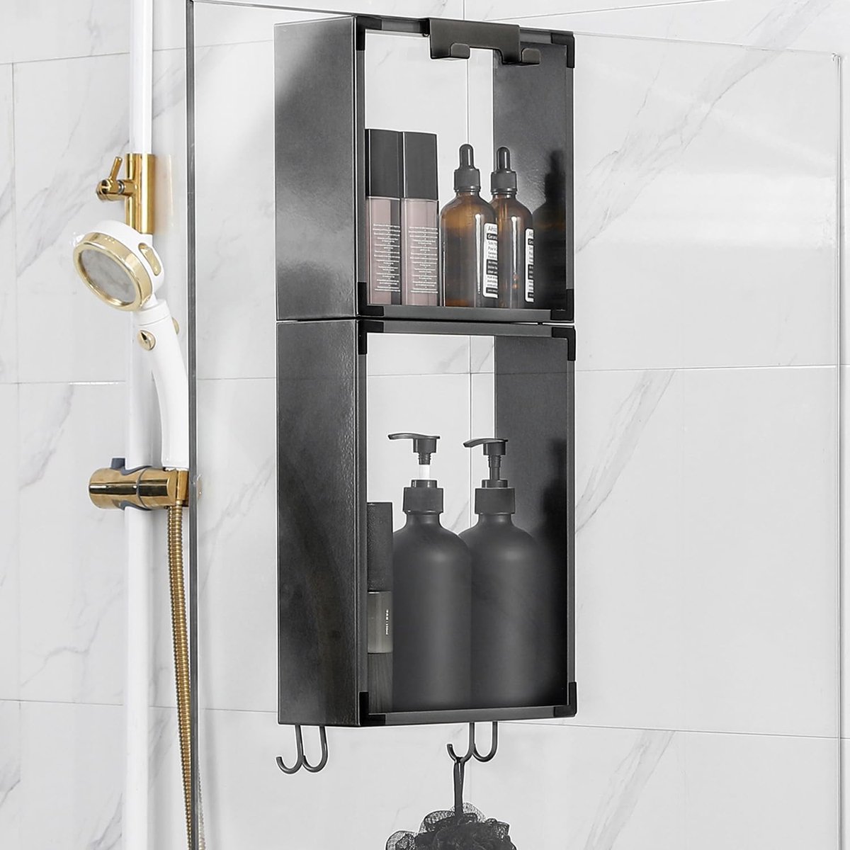 SnelShoppen - Black Over Door Douchebak, 2 Laags RVS, 52 cm x 23 cm x 8.5 cm, 7 kg Capaciteit, Roestvrij, Eenvoudige Installatie zonder Boren, Perfect