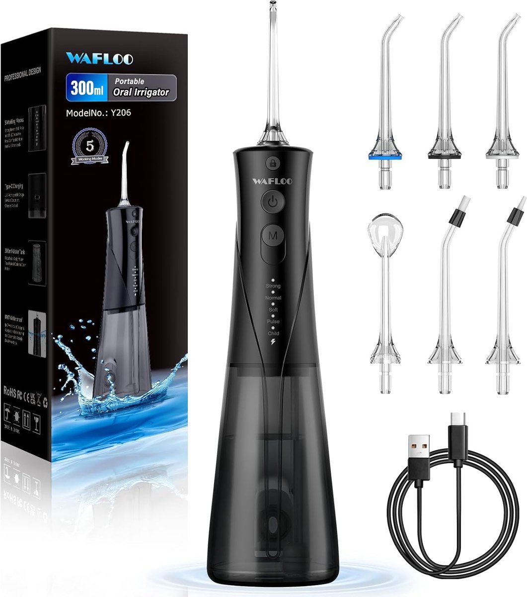 SnelShoppen - Water Flosser voor Tanden, Draadloze Tandreiniging, 5 Modi, 6 Flos Tips, 300 ml Tank, IPX7 Waterdicht, Tandheelkundige Irrigator voor Th