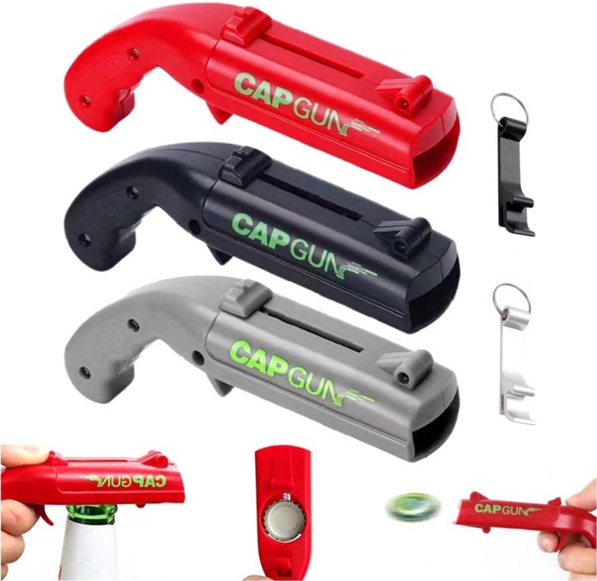 SnelShoppen - 3x Bottle Opener Cap Gun Set, Kleurrijke Flessenopener voor Feesten, Barbecues, Tuin en Camping, Inclusief Mini Sleutelhangers