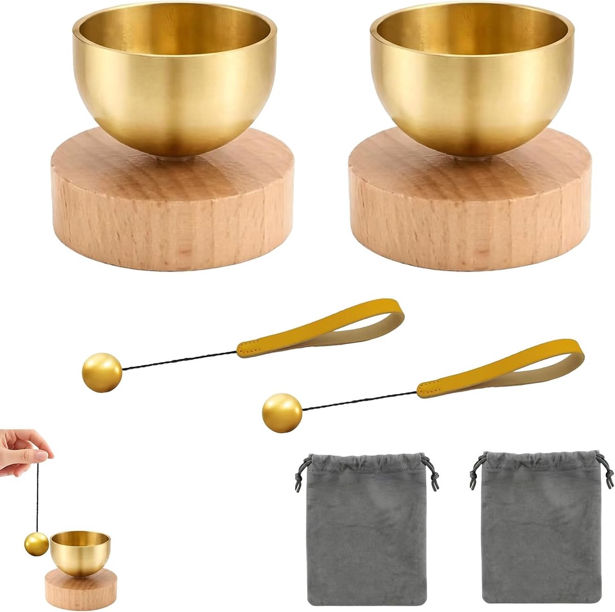 mini klankschaal set 2 stuks - gepolijst messing - met 2 bellen en opbergzakjes - voor meditatie en ontspanning - ShopVlot
