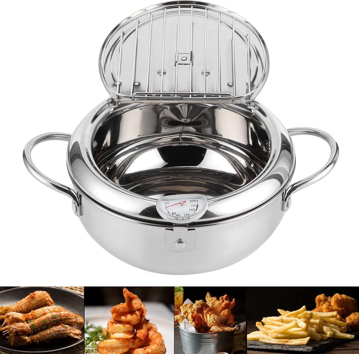 Frituurpan, Friteuse, Roestvrijstalen Frituurpan, Tempura Frituurpan met Thermometer, Inductiekookplaat, Compatibel voor Frituren en Koken (formaat 20cm)