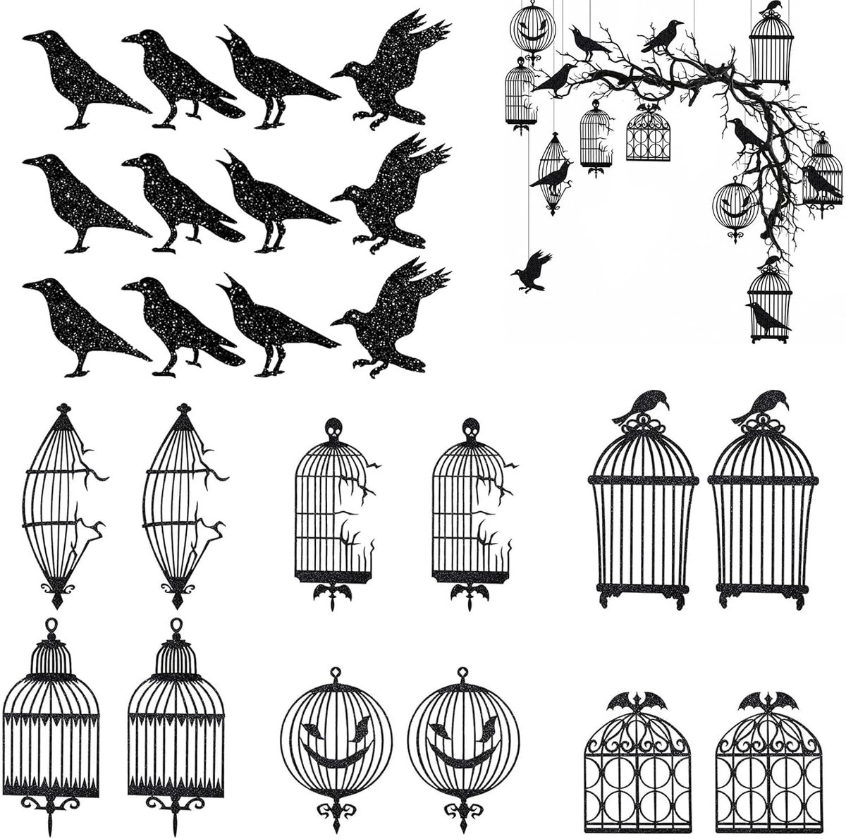 Set van 24 Halloween papieren decoraties - Hangende kraaien en vogelkooien