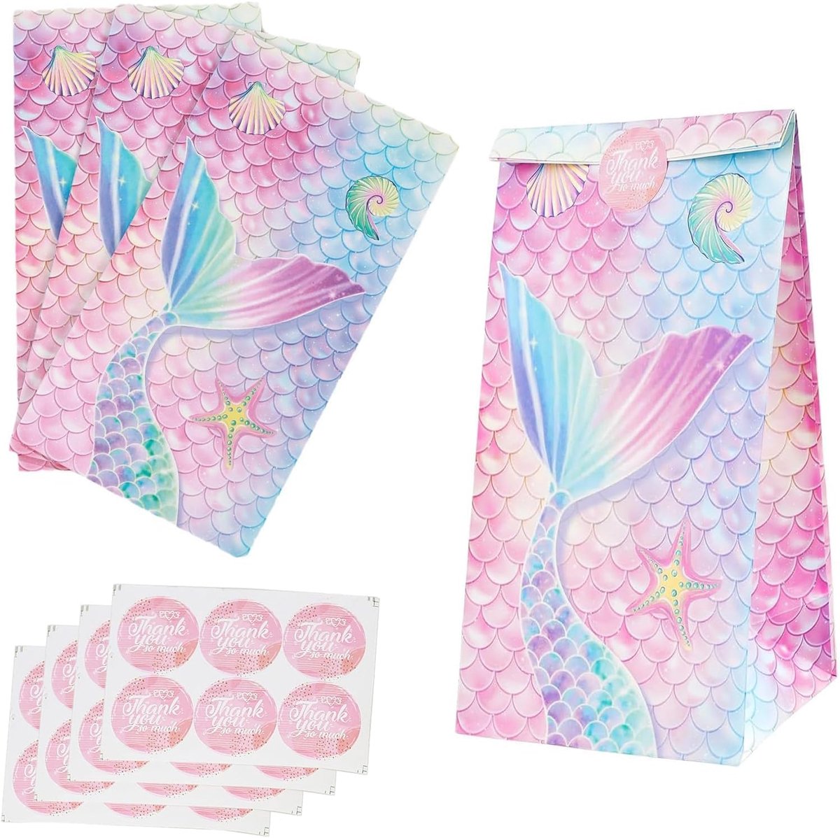24 cadeauzakjes met zeemeerminmotief en stickers (13 x 24 x 8 cm) – Verjaardagsdecoratie met zeemeerminmotief, verjaardagscadeaus voor kinderen, witte kraftpapieren zakjes voor cadeaus en decoratie