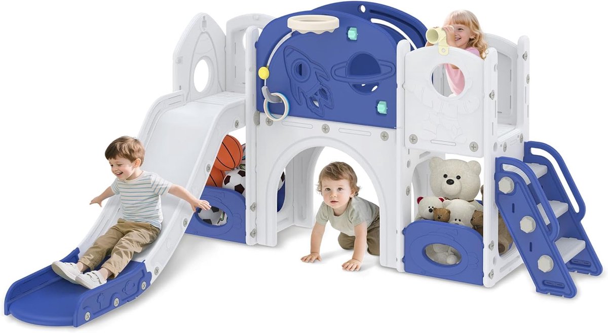 8-in-1 kinderglijbaan voor peuters jaar, binnen en buiten, vrijstaande glijbaan van HDPE en PP, met klimladder, tunnel, opbergruimte, basketbalkorf en speeltelescoop, tot 50 kg