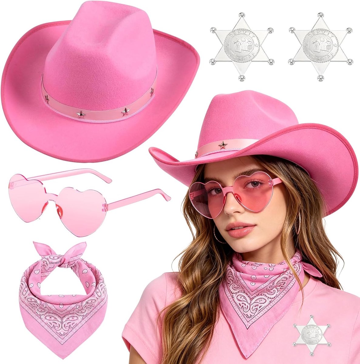 Cowboyhoedset met hartvormige zonnebril en bandana, westerse cowgirlhoed met sterbroche, polyester en PVC-kostuumaccessoires voor feest, 5 stuks