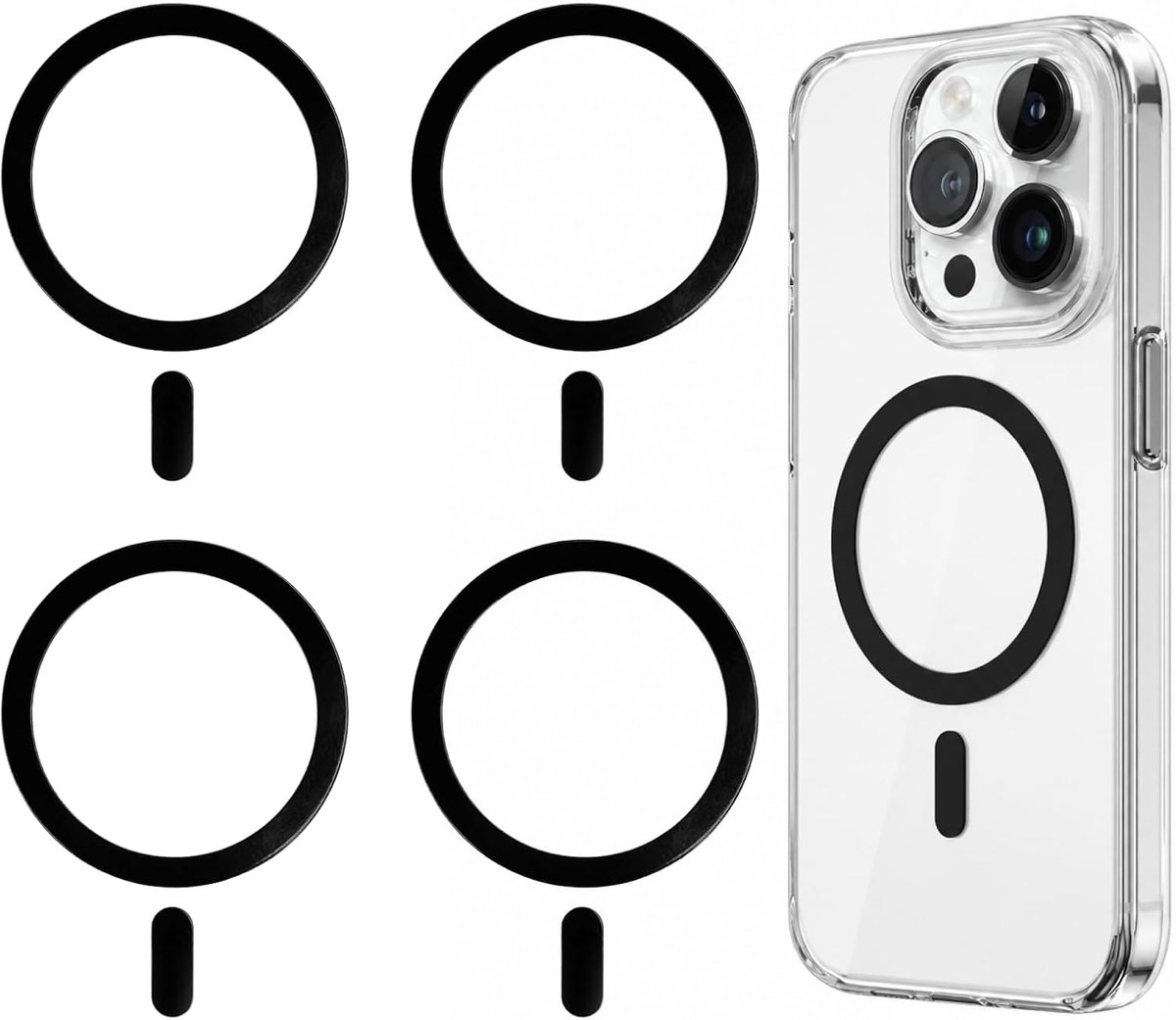 Set van 4 magnetische ringstickers, zwart, voor mobiele telefoon, metalen ring, MagSafe, compatibel met iPhone Samsung Xiaomi, magnetische ring met rugmagneet voor opladers, portemonnees, autohouders