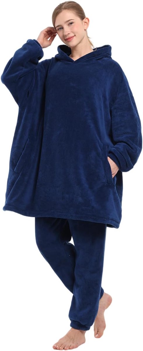 Damespyjama met capuchon, fleece, warme winterse loungewear