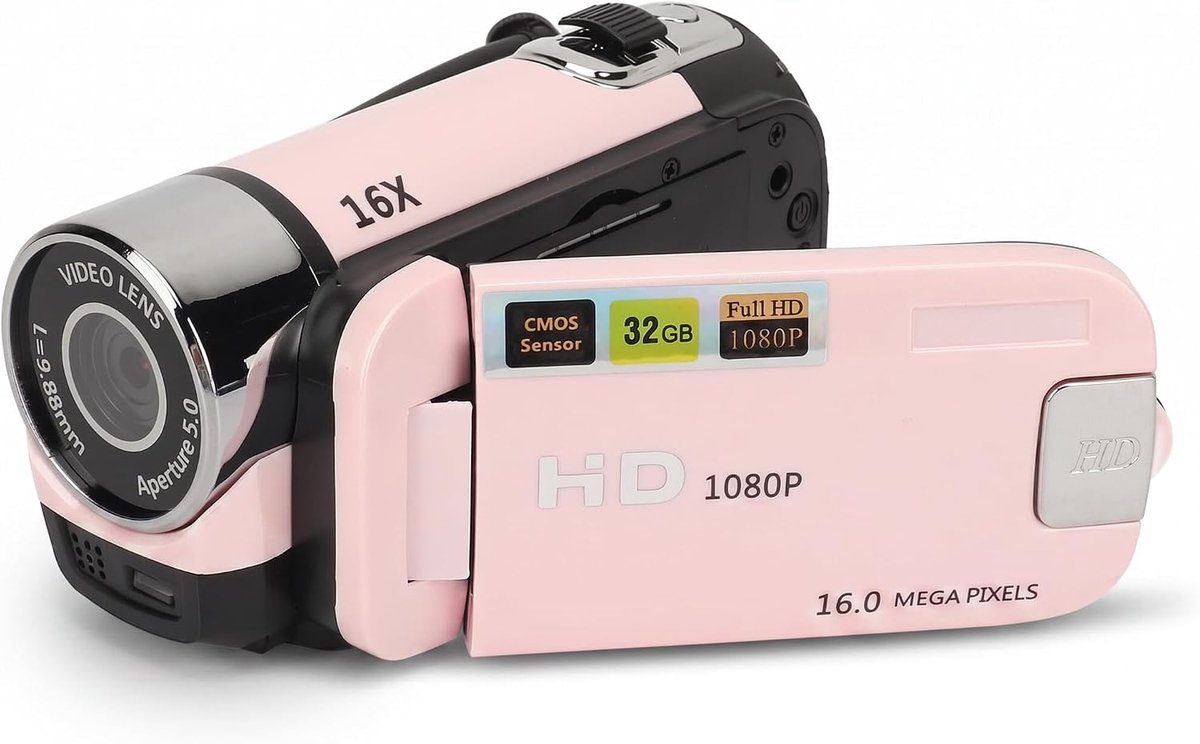 Camera 1080P, 16MP Compacte Kleine Videocamera met 16x Digitale Zoom, Anti-shake, Loop-opname, 2,4-inch Draaibaar Scherm Vlogcamera voor Tieners, Volwassenen, Beginnende