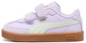Paarse Puma Club II Era V sneaker met klittenbandsluiting, lichtgroene streep en bruine zool met 'PUMA' tekst.