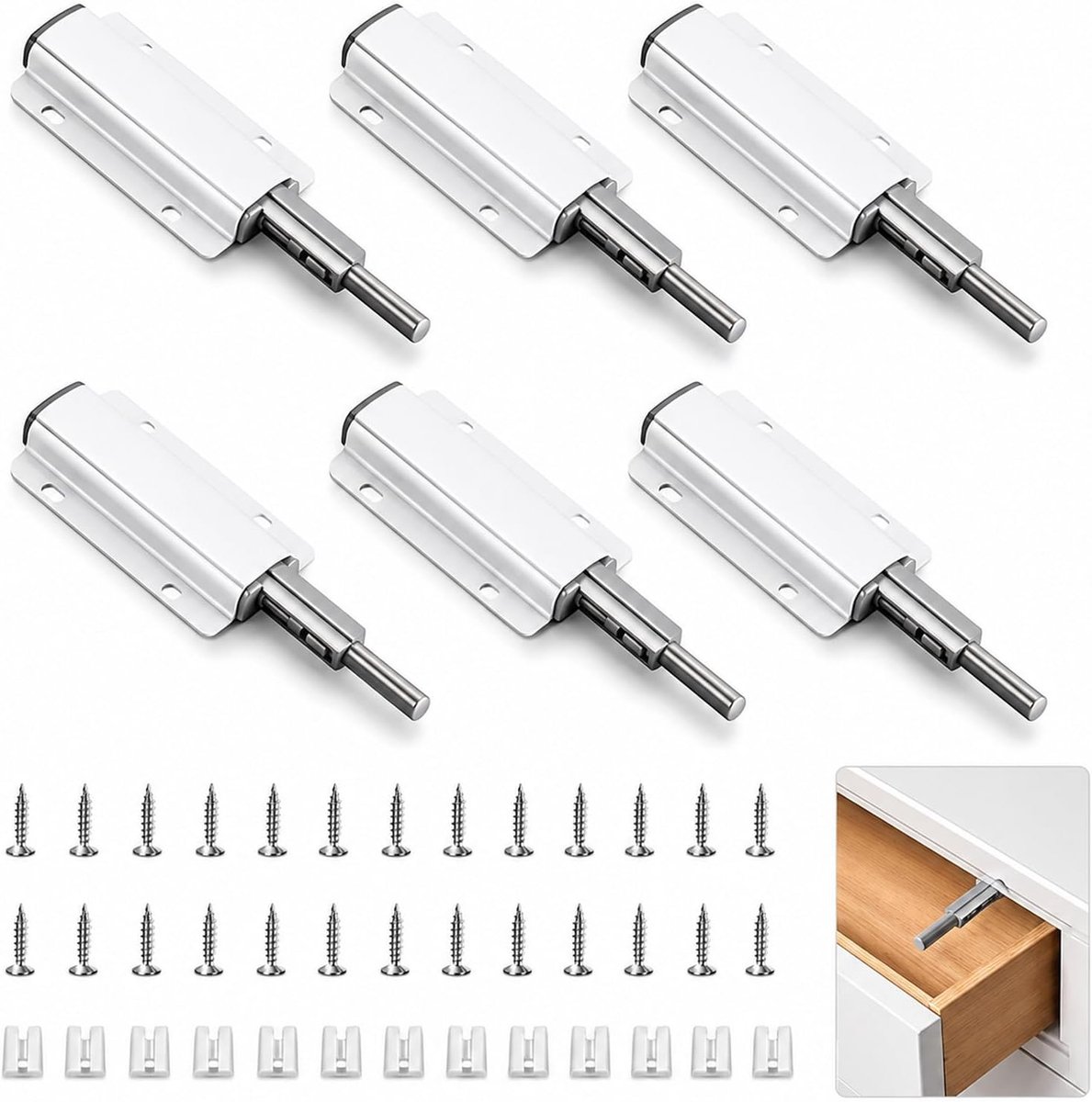 6 stuks push-to-open drukkers, niet-magnetische kastdeurdrukkers, veervergrendelingen voor laden en deuren, veilige bevestiging, minimalistisch design, eenvoudige installatie voor meubels en kasten