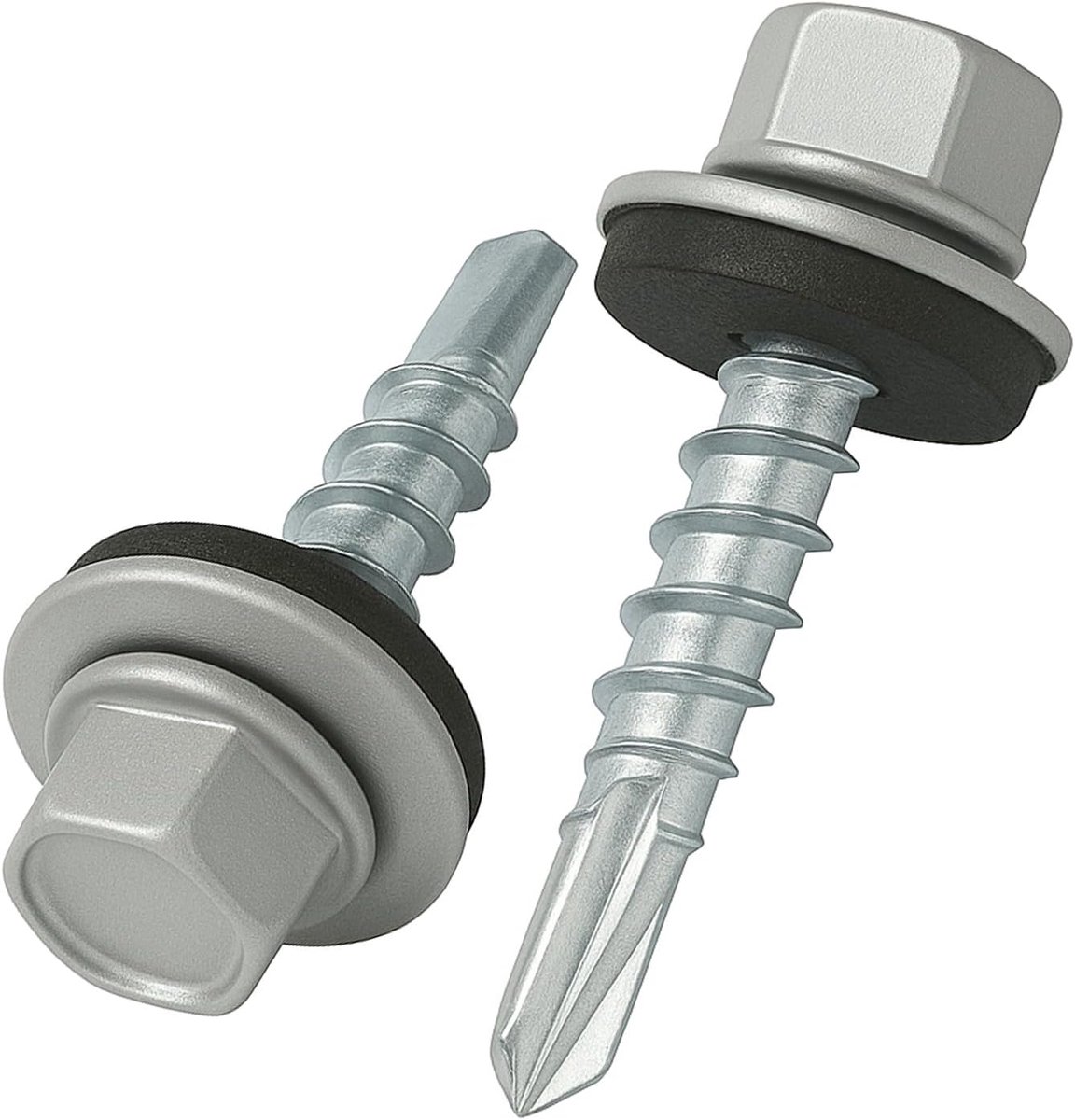 8 mm x 25 mm Dakschroeven, Zeskantkop, Zelfborend, Meerkleurig (RAL 9006 Blank aluminiumkleurig) Schroeven Met EPDM Afdichtring, Roestbestendige Verzinkte Geharde schroef (50 Stuk)
