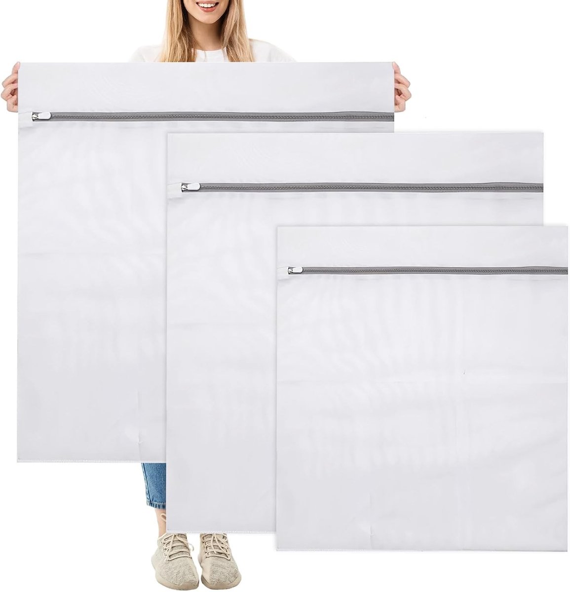 Set van 3 Wasnetten voor Wasmachine - Fijne Mesh Polyester Waszakken met Verborgen Rits voor Dekens, Jassen en Kussenslopen - 50 x 60 cm en 80 x 90 cm