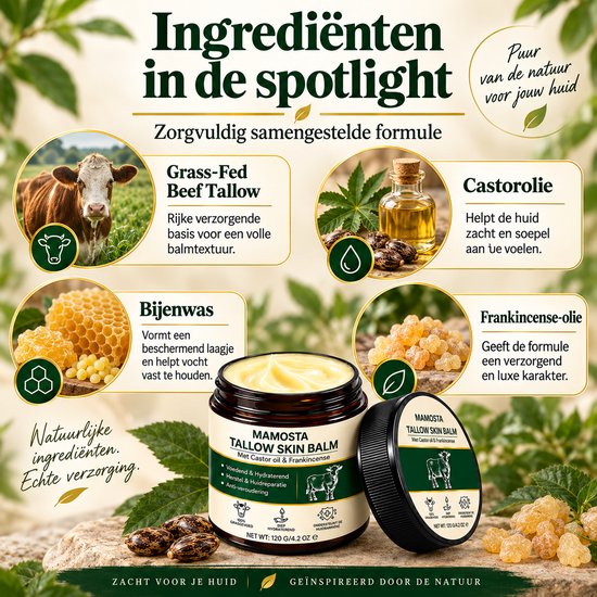 Close-up van ingrediënten voor Mamosta Tallow Skin Balm: koe, castorolie, bijenwas, frankincense.