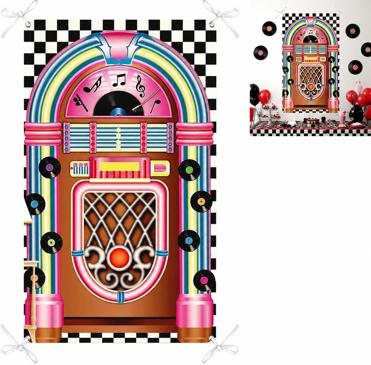 50 Rock-'n-Roll Feestbanner met Jukebox, Gitaar, Klassieke Auto en Vinyldecor - Polyester Achtergrond 165 x 98 cm voor Fotowand, Diner en Themafeest
