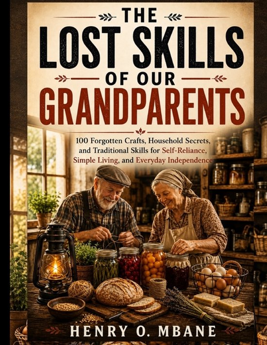 Boek kaft: 'The Lost Skills Of Our Grandparents' met een oude man en vrouw die potten inleggen.