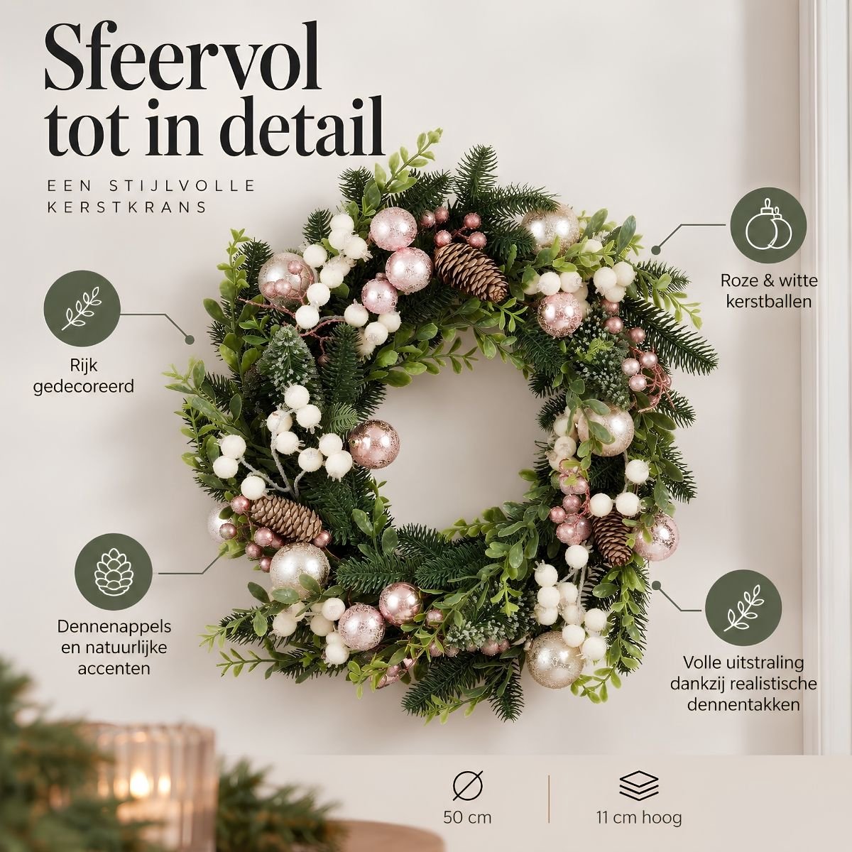Mica Decorations Rosalie Kerstkrans Roze met Groene Dennentakken - Kerstkrans met Roze en Witte Kerstballen - Decoratieve Krans voor Deur, Muur of Tafel - H11 x Ø50 cm – foto 2