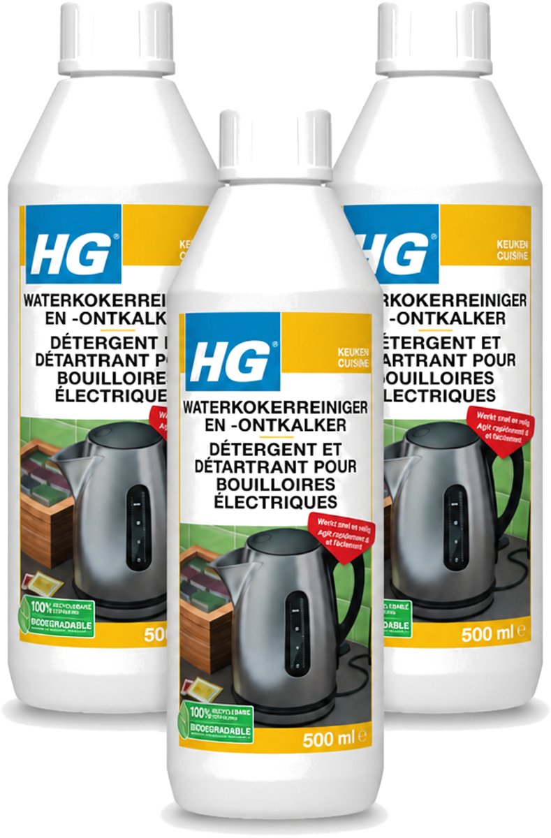 3 x HG - Waterkokerreiniger & Ontkalker - Snel & Veilig Resultaat - 500 ml - Voordeelverpakking - 3 stuks