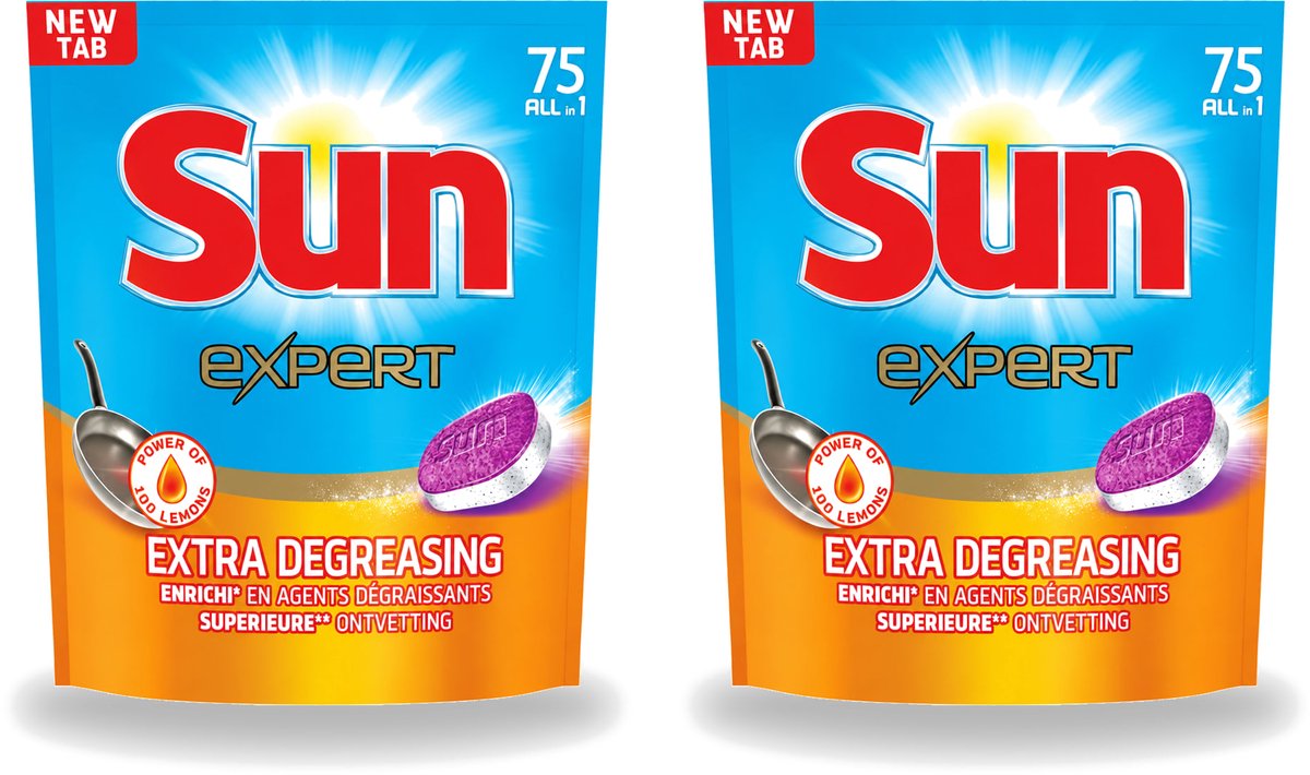 2 x Sun Expert - All-in-1 - Vaatwastabletten - Extra Ontvettend - 75 Tabletten - Voordeelverpakking - 2 stuks