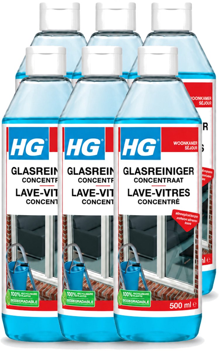6 x HG - Glasreiniger Concentraat - Streeploos Schoon - 12 Schoonmaakbeurten - 500 ml - Voordeelverpakking - 6 stuks