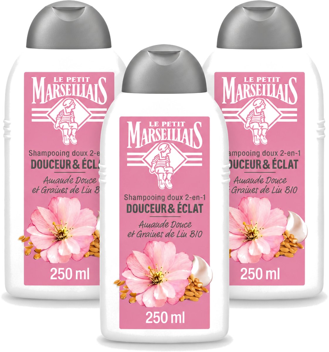 3 x Le Petit Marseillais – Shampoo – Amande Douce & Graines de Lin Bio – 250 ml - Voordeelverpakking - 3 stuks