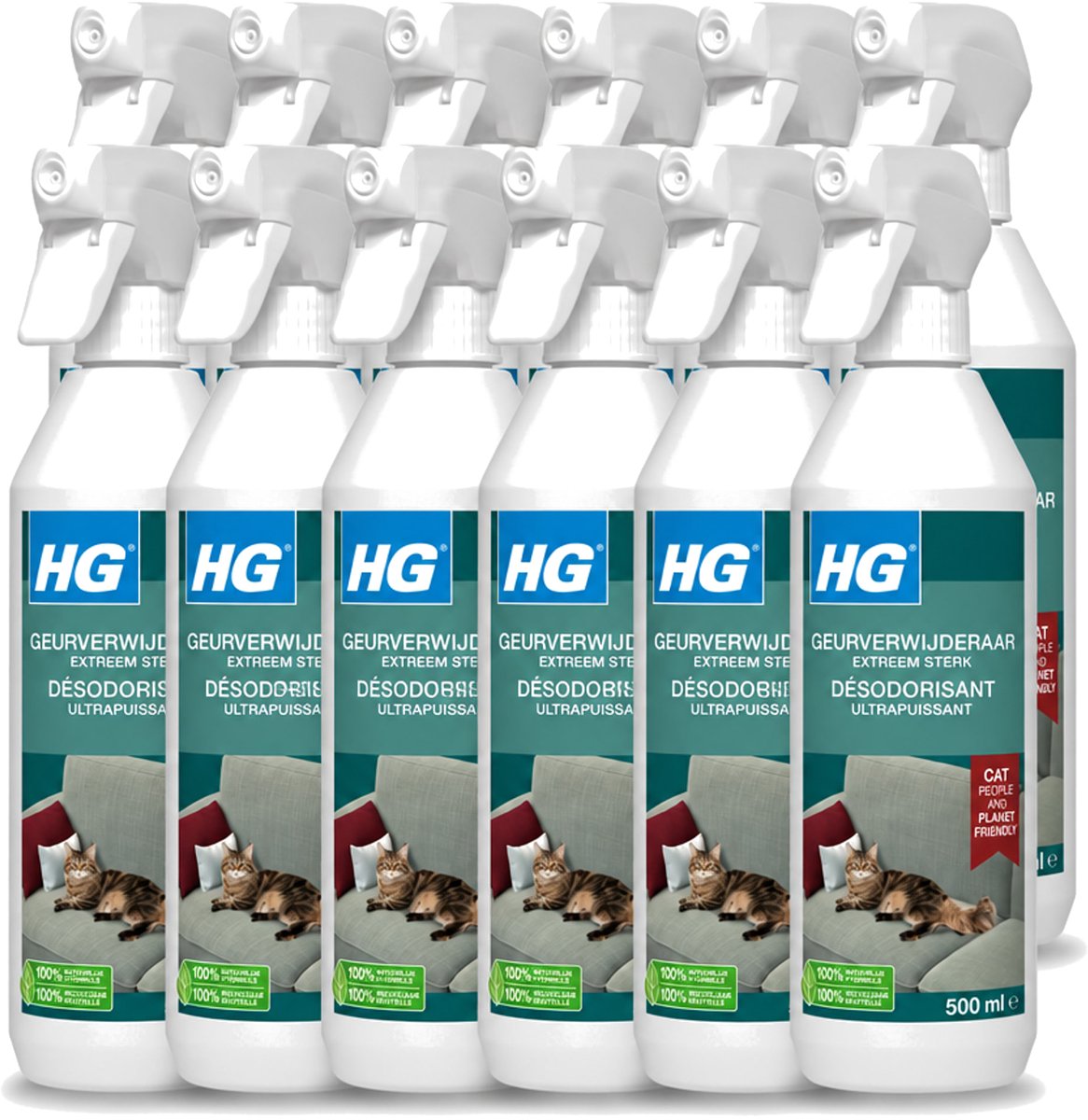 12 x HG - Geurverwijderaar - Extreem Sterk - Tegen Kattengeuren - 100% Biologisch - 500 ml - Voordeelverpakking - 12 stuks
