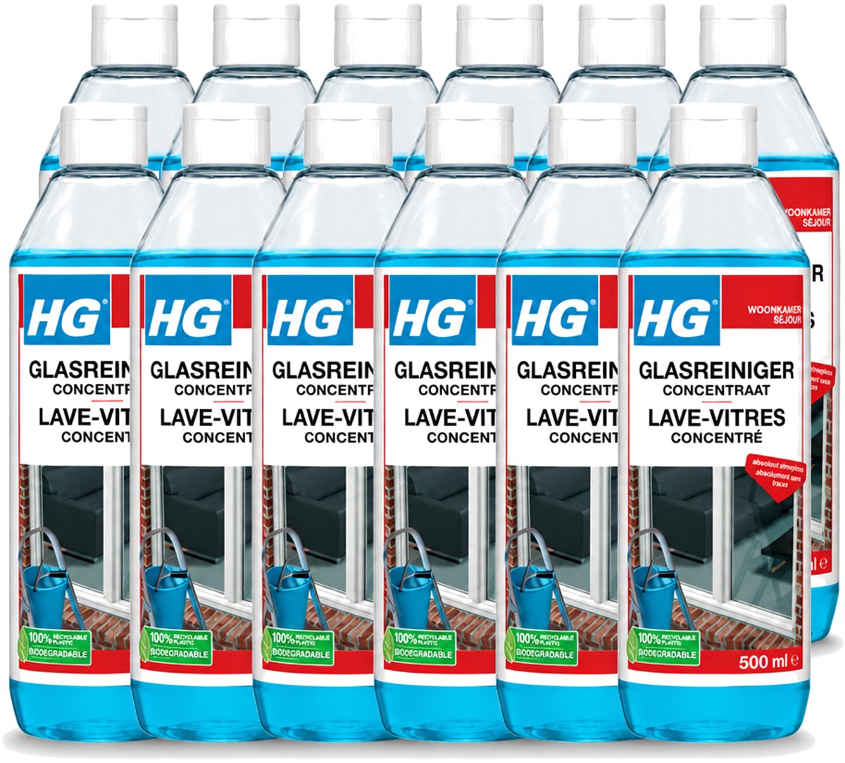 12 x HG - Glasreiniger Concentraat - Streeploos Schoon - 12 Schoonmaakbeurten - 500 ml - Voordeelverpakking - 12 stuks