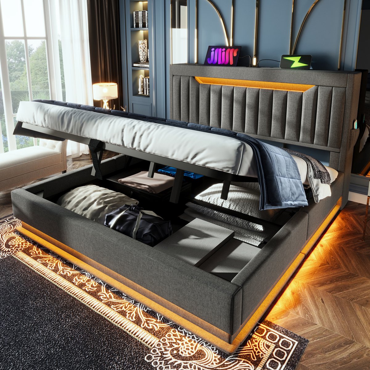 WUVRIE Gestoffeerd tweepersoonsbed 160x200 cm met hydraulische opbergruimte, LED, USB en USB-C, grijs
