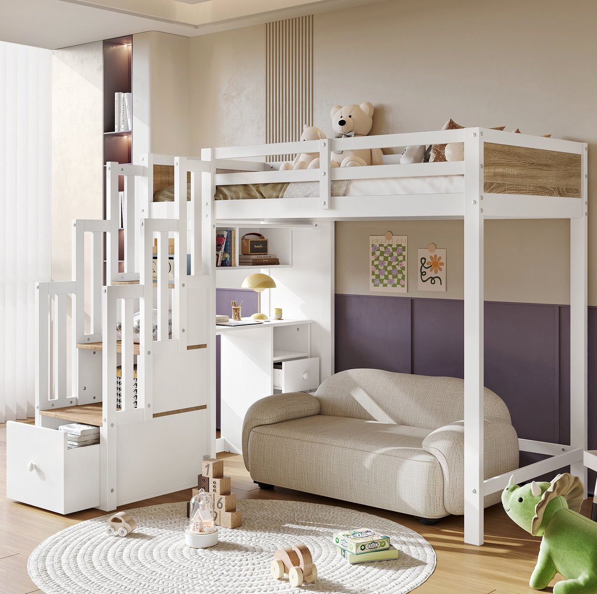 MODENUIT Halfhoogslaper Met Bureau – 90 x 200 cm – Hout En MDF – Wit En Naturel – Met Trap En Opbergruimte – Kinderen