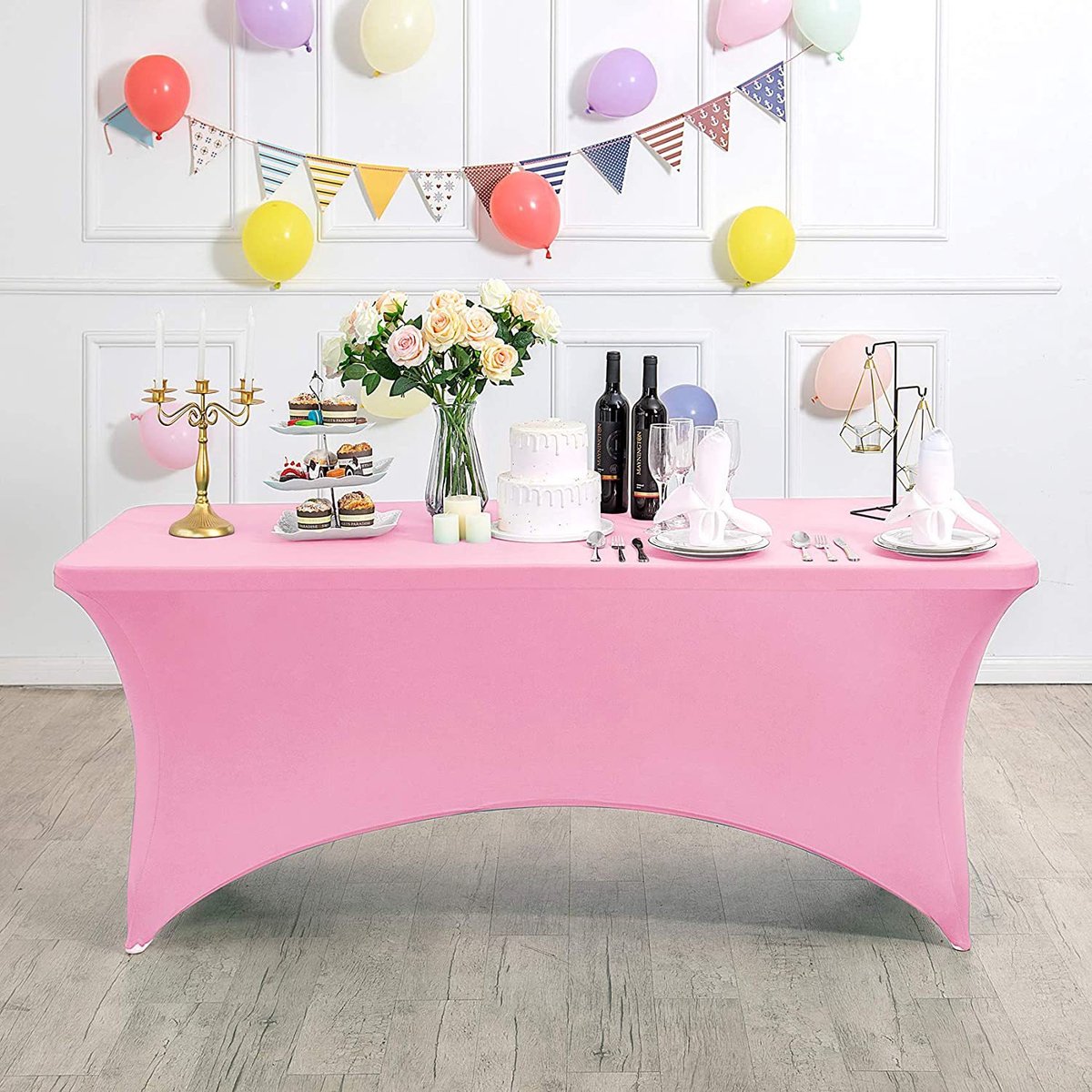Rechthoekig, rekbaar en vlekbestendig tafelkleed, waterdicht, wasbaar en rekbaar, geschikt voor het decoreren van terrassen, keukens, bruiloften, verjaardagen, feesten, picknicks en andere gelegenheden,Roze - 183 x 76 x 76 cm (6 voet)