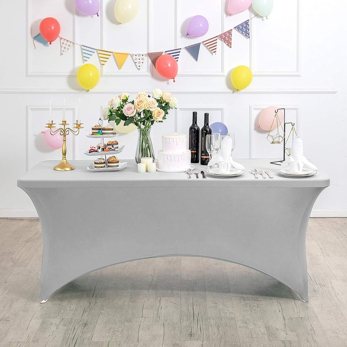 Rechthoekig, rekbaar en vlekbestendig tafelkleed, waterdicht, wasbaar en rekbaar, geschikt voor het decoreren van terrassen, keukens, bruiloften, verjaardagen, feesten, picknicks en andere gelegenheden,Zilver - 183 x 76 x 76 cm (6 voet)