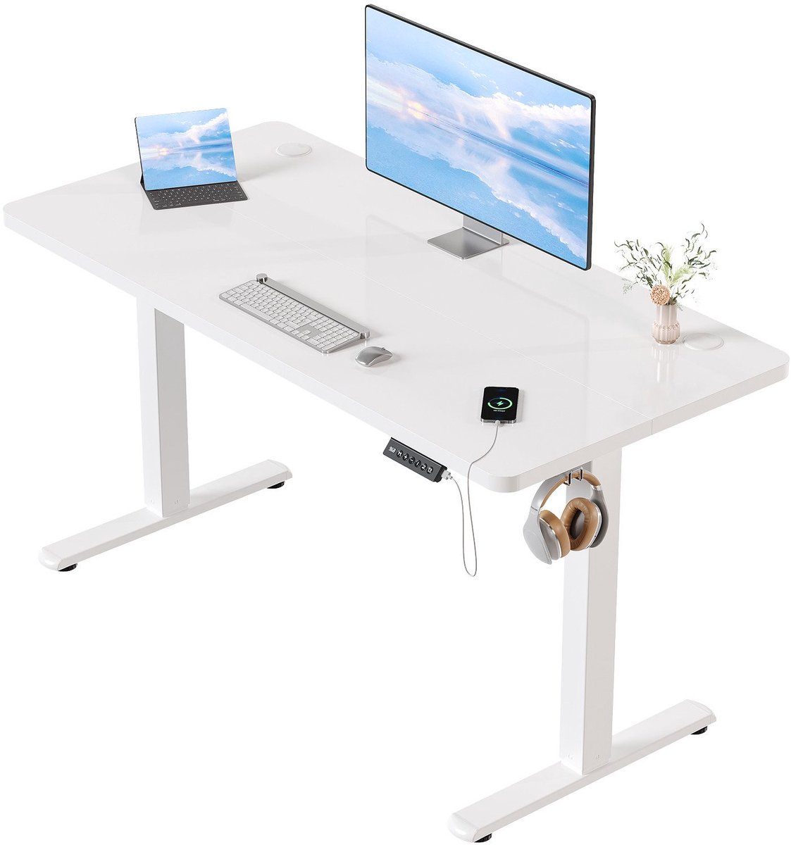 Devoko Elektrisch Verstelbaar Zit-Sta Bureau 100x60 cm Breed – Hoogte 73–118 cm – 2 Geheugenstanden, Zit-Herinnering, LED-Display en USB – Draagvermogen 70 kg – Wit