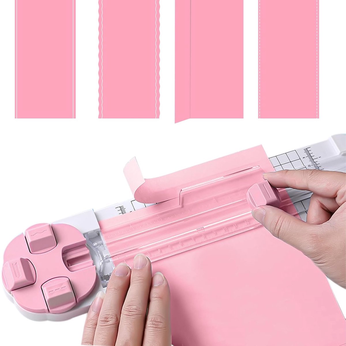 Deze 4-in-1 papier-/foto-/scrapbook-/knutselpapiersnijder heeft meerdere snijstanden en wordt geleverd met rechte, golvende, gestippelde en rilmessen (roze versie).