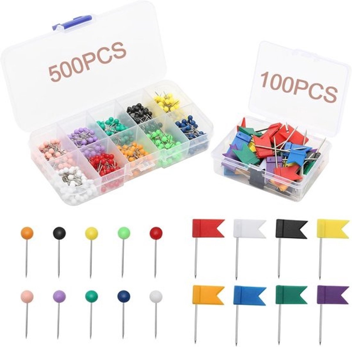 600 Gekleurde Push Pins voor Prikborden en Kaarten – Ronde en Vlagvormige Tekenpinnen