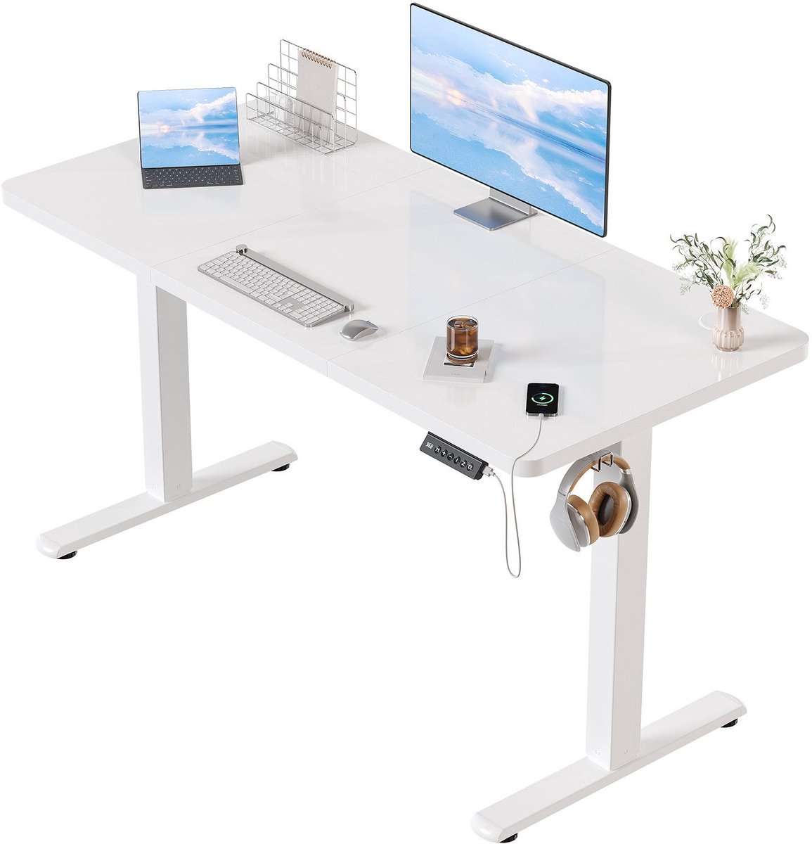 Devoko Elektrisch Verstelbaar Zit-Sta Bureau 120x60 cm Breed – Hoogte 73–118 cm – 2 Geheugenstanden, Zit-Herinnering, LED-Display en USB – Draagvermogen 70 kg – Wit