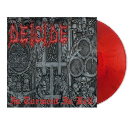 Vinyle rouge avec le titre 'In Torment in Hell' et le logo du groupe 'DEICIDE' en flammes rouges.