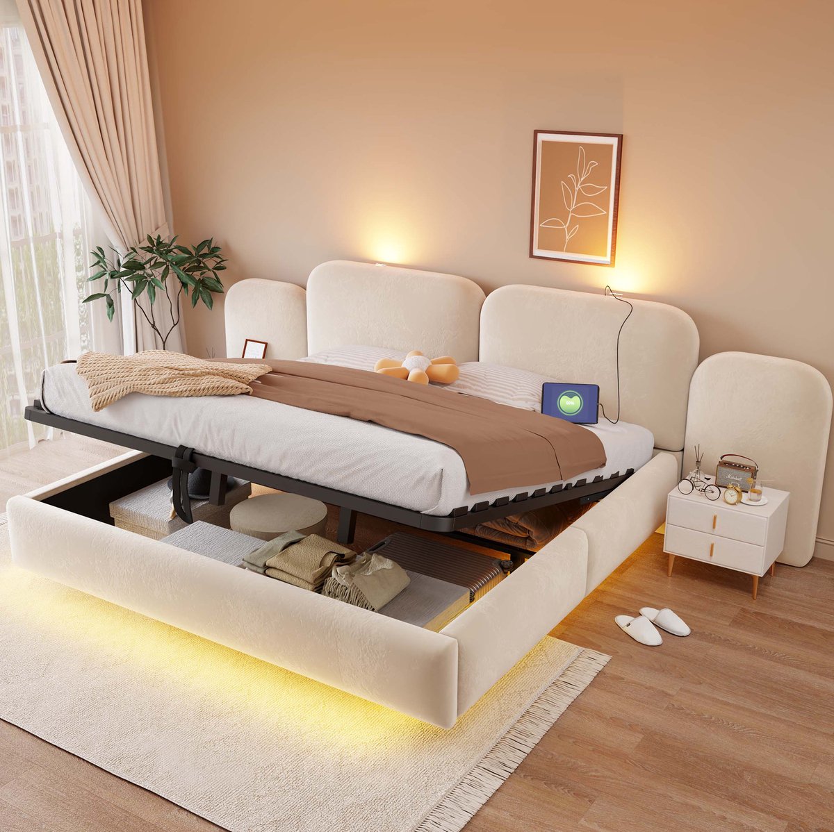 MODENUIT Bed – 180 x 200 cm – Hydraulische Opbergruimte – Fluweel – Beige – RGB-Ledverlichting met Usb en Type-C