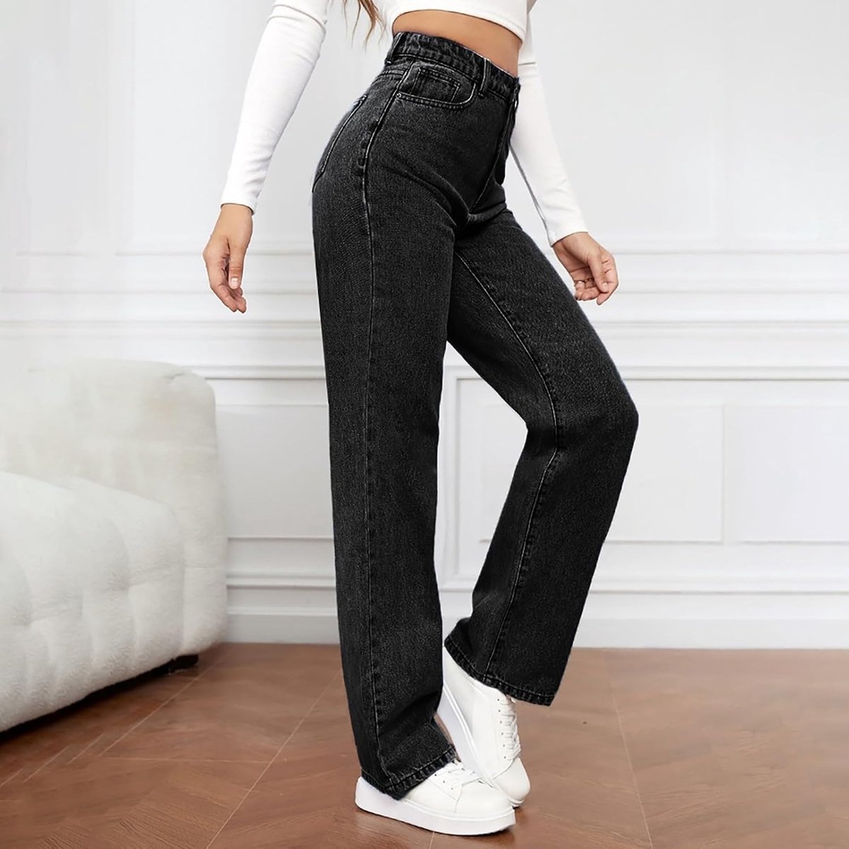 Dames jeans, hoge taille, rechte snit, brede pijpen, slank makend